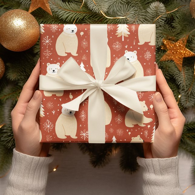 Papel De Presente "Retro Natal Red E White Bear E Árvore (Criador carregado)