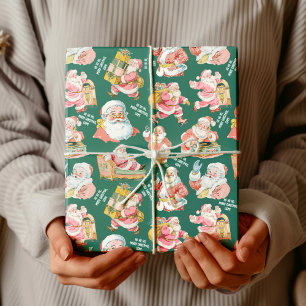 Papel De Presente Retro Nostálgico Papai Noel Natal em Verde