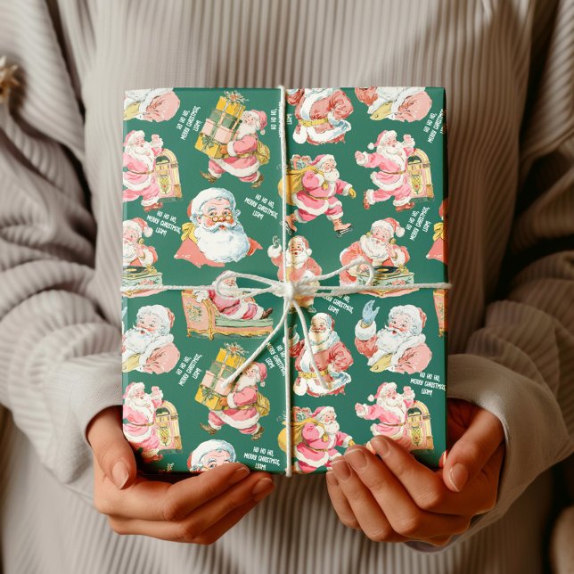 Papel De Presente Retro Nostálgico Papai Noel Natal em Verde (Nostalgic Retro Santa Claus-Christmas in Green personalized name, gift wrapping set)