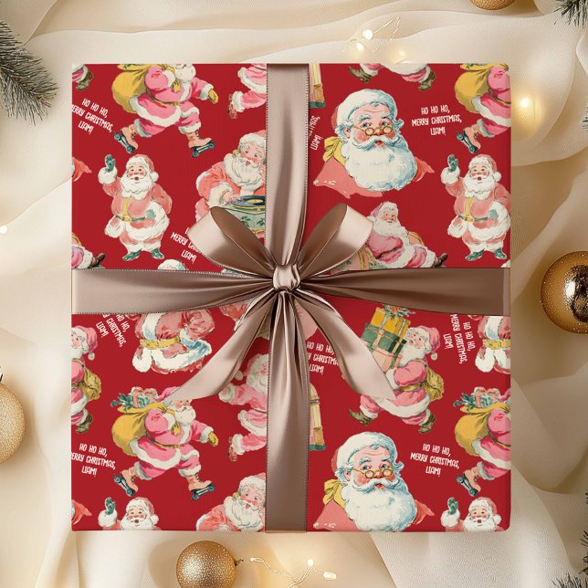 Papel De Presente Retro Nostálgico Papai Noel Natal em Vermelho (Nostalgic Retro Santa Claus-Christmas in Red, Gift wrapping set with personalized name)