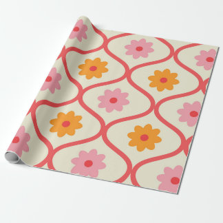 Papel De Presente Retro Orange and Pink flowers on Ogee Pattern 