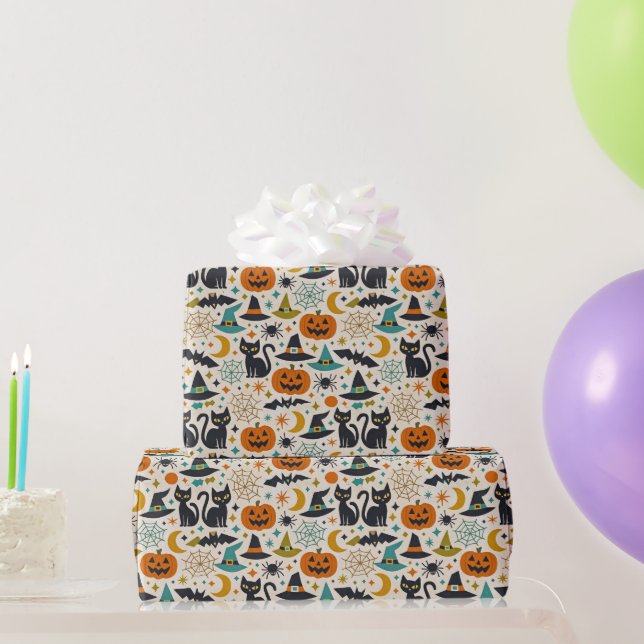 Papel De Presente Retro Orange Teal Mid-Century Halloween  (Presentes para festas)