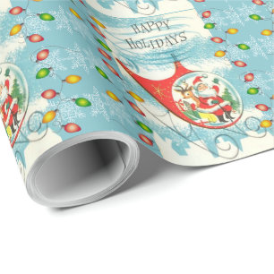 Papel De Presente Retro Papai Noel Helicóptero Luzes de Férias Azul 