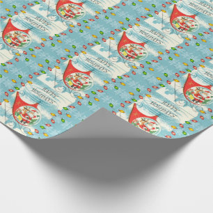 Papel De Presente Retro Papai Noel Helicóptero Luzes de Férias Azul