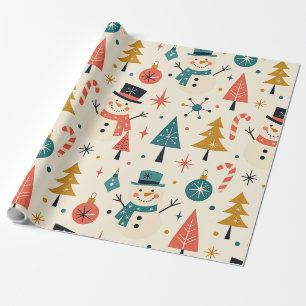 Papel De Presente Retro Papai Noel Homem de Neve Arte Popular Escand