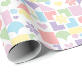 Papel De Presente Retro Pastel Patchwork with 70s Shapes, Flowers
