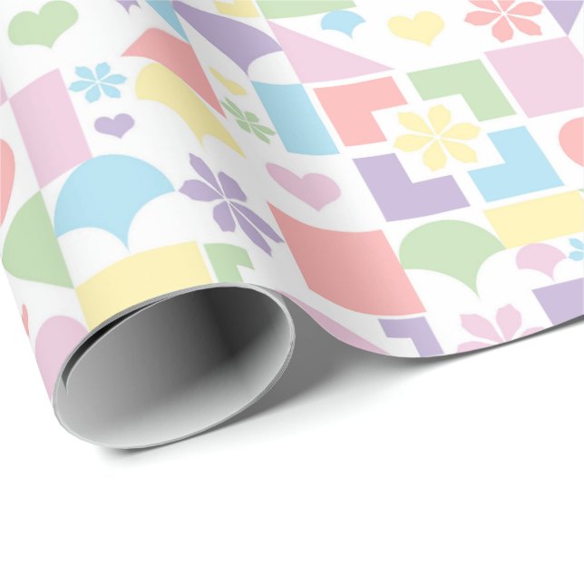 Papel De Presente Retro Pastel Patchwork with 70s Shapes, Flowers  (Ponta do rolo)