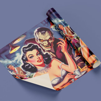 Papel De Presente Retro Pulp Pinup and Monster