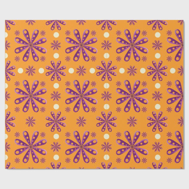 Papel De Presente Retro Purple Flowers on Orange Background (Aberto)