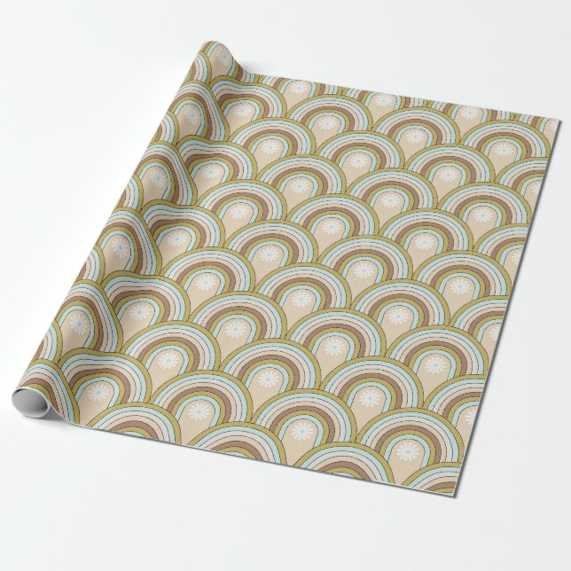 Papel De Presente Retro Rainbow Daisy Scales Padrão Terrestre Floral (Desenrolado)