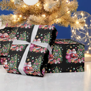 Papel De Presente Retro Rosa Papai Noel Coquette Natal Fofo Árvore M