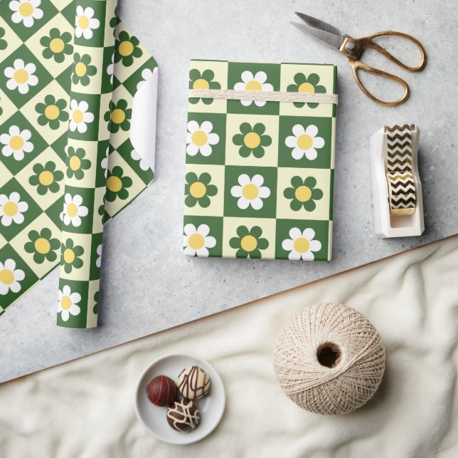 Papel De Presente Retro Sage Green and Cream Daisy Checkerboard  (Artesanato)