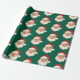 Papel De Presente Retro Santa Face Christmas Green