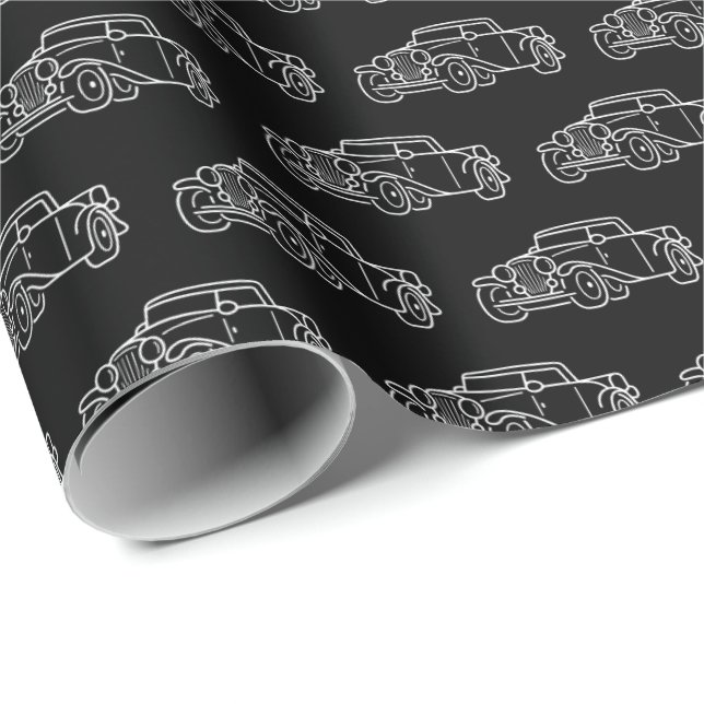 Papel De Presente Retro Simple Elegant Black White Classic Cars (Ponta do rolo)