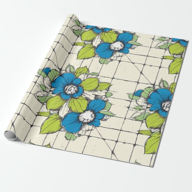 Papel De Presente Retro Tile Bloom Floral Wrapping Paper (Desenrolado)