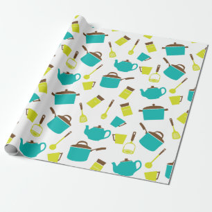Papel De Presente Retro Vintage Kitchen Utensils 50 Amarelo Azul