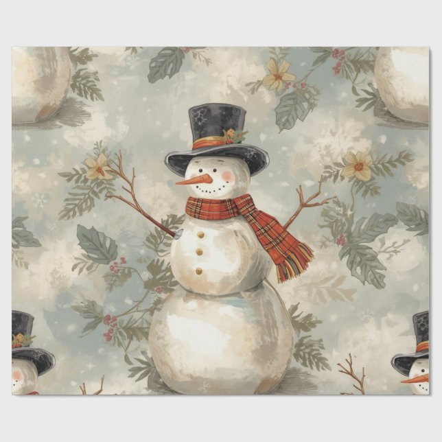 Papel De Presente Retro Vintage Snowman Cute Christmas  (Aberto)