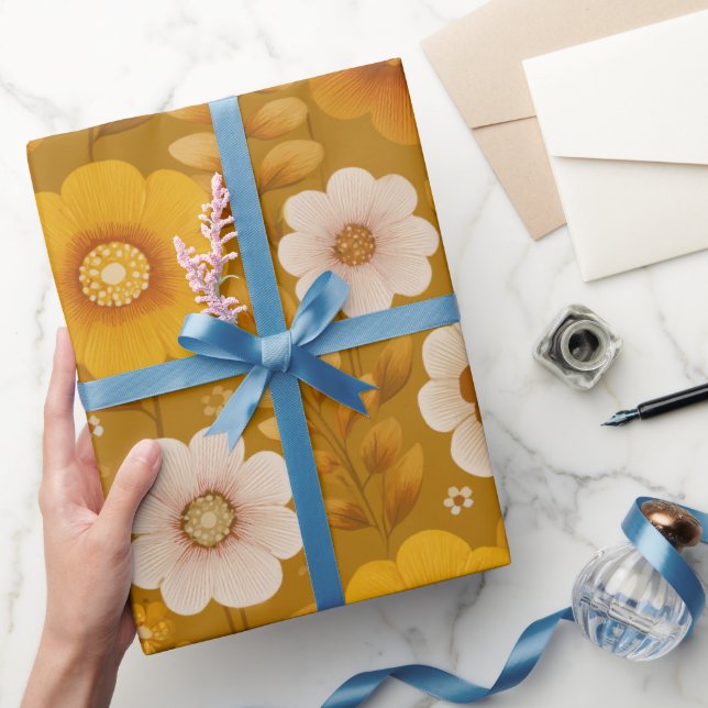 Papel De Presente Retro Warm Tone Flower Mustard Floral Pattern (Presentear)