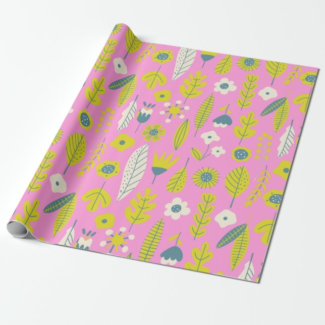 Papel De Presente Retro Whimsical Scandinavian Foloral a Rosa (Desenrolado)