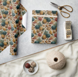 Papel De Presente Rich Teal e Dourado Pinecones Acorns Fall Patterno