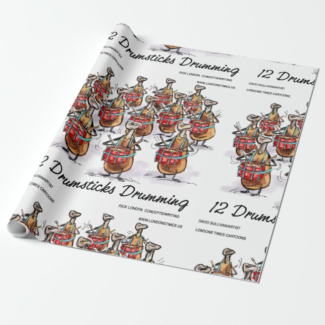 Papel De Presente Rick Londres "12 Drumsticks Drumming" Natal (Desenrolado)