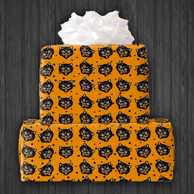 Papel De Presente Rindo de preto de Dia das Bruxas Rosto de Gato Lar (Halloween black cat smiling faces on little black stars on bright orange wrapping paper roll.)