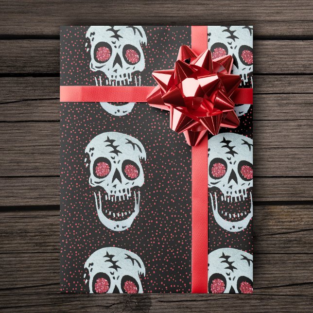 Papel De Presente Rindo do Crânio do Olho Vermelho (Lauging skulls with glitter glowing red eyes on red dots on black gift wrapping paper roll.)