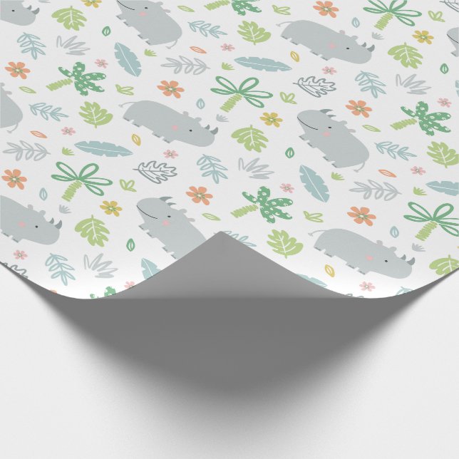 Papel De Presente Rinocerontes da selva branca com palmeiras e folha (Ponta)