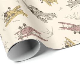 Papel De Presente Roaring Art Deco Bi-planes - padrão amarelo vermel