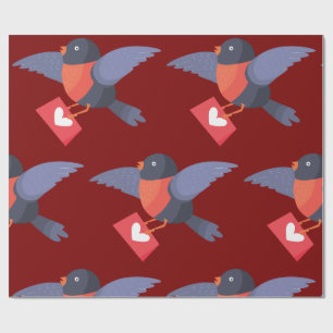 Papel De Presente Robin Bird Voando com Carta de Amor Coração Vermel