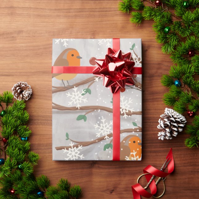 Papel De Presente Robin no papel de ondulação de neve (Presente de Natal)