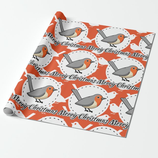 Papel De Presente Robin on Orange White Bird Pattern - Feliz Natal (Desenrolado)