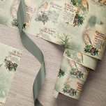 Papel De Presente Robins e Cartões de natal Vintage<br><div class="desc">Design sem costura nostálgica e elegante com robins de peito vermelho tocados em galhos holly com roldanas antigas,  cenas de inverno rústicas e Cartões de natal em Antigo Inglês em fundo verde sábio com padrão sutil de cobertura de damasco.</div>