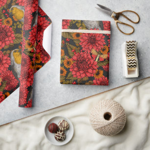 Papel De Presente Robins no jardim do outono, dahlias vermelhas em p