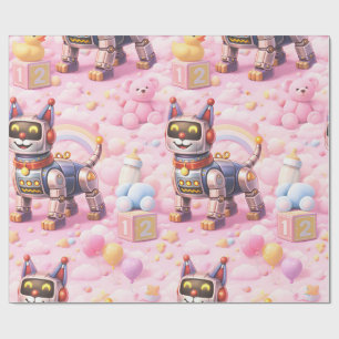 Papel De Presente Robô cachorrinho e ursinho Teddy rosa sonhos doces
