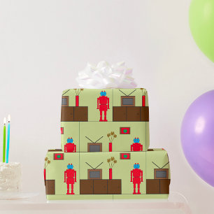 Papel De Presente Robô Vermelho Retroativo