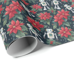 Papel De Presente Robôs Retro de Natal Ficção Científica & Poinsetti