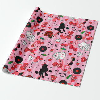 Papel De Presente Rockabilly Poodles Cherries e Dice Aniversário