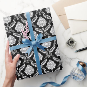 Papel De Presente Rococo Damask Rpt Padrão Branco no Preto