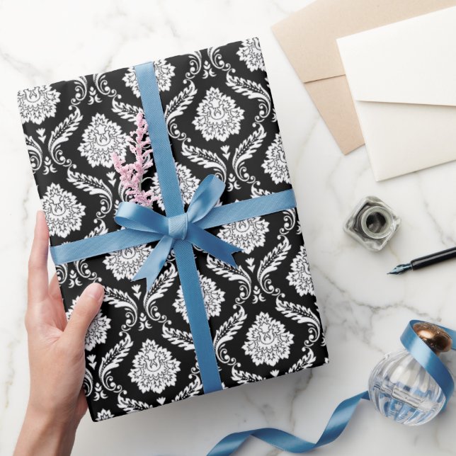 Papel De Presente Rococo Damask Rpt Padrão Branco no Preto (Presentear)