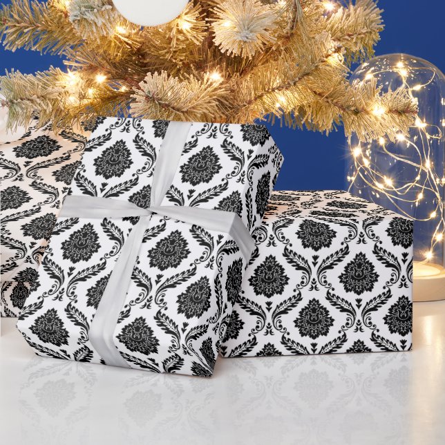 Papel De Presente Rococo Damask Rpt Padrão Preto no Branco (Feriados)