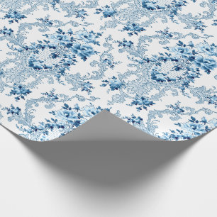 Papel De Presente Rococo Floral francês branco e azul elegante 