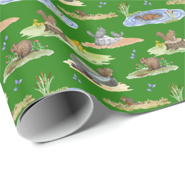 Papel De Presente Rodent Toile Wrapping Paper  (Original on Green)  (Ponta do rolo)
