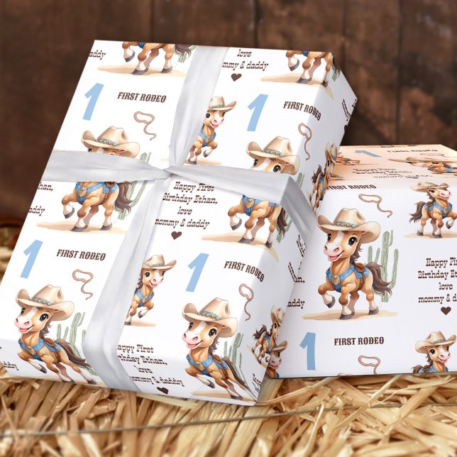 Papel De Presente Rodeo Cowboy Horse primeiro aniversario de Menino  (Rodeo Cowboy Horse Western Name Boy 1st Birthday Wrapping Paper)