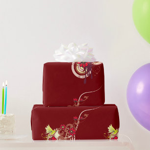 Papel De Presente Rodovalho Floral com Flores Vermelhas e Hummingbir