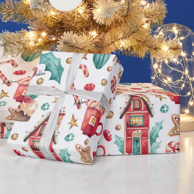 Papel De Presente Roll, nome em casas de doces mágicos, doce padrão (Feriados)