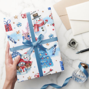 Papel De Presente Roll, Nome Família Foliday Snowmen Red-Blue Padrão