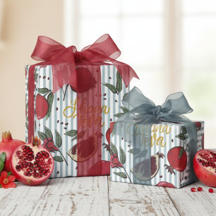Papel De Presente Romã Azul Listrada Judaica Shana Tovah