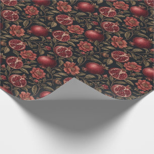Papel De Presente Romã Botânica Floral Vintage Jardim Escuro
