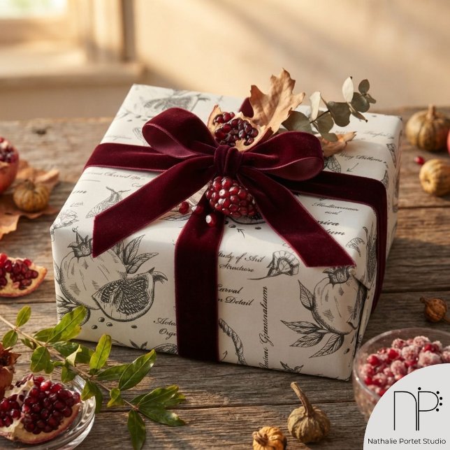 Papel De Presente Romã e Mariposa do Mediterrâneo (Elegant hand-drawn vintage pomegranate and European moth study in gray ink for nature lover)